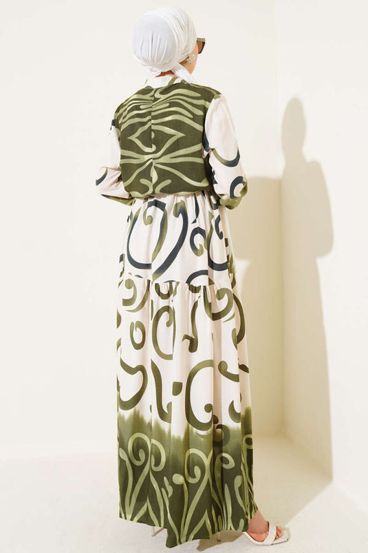 Buttoned Patterned Rope Belted Dress Khaki