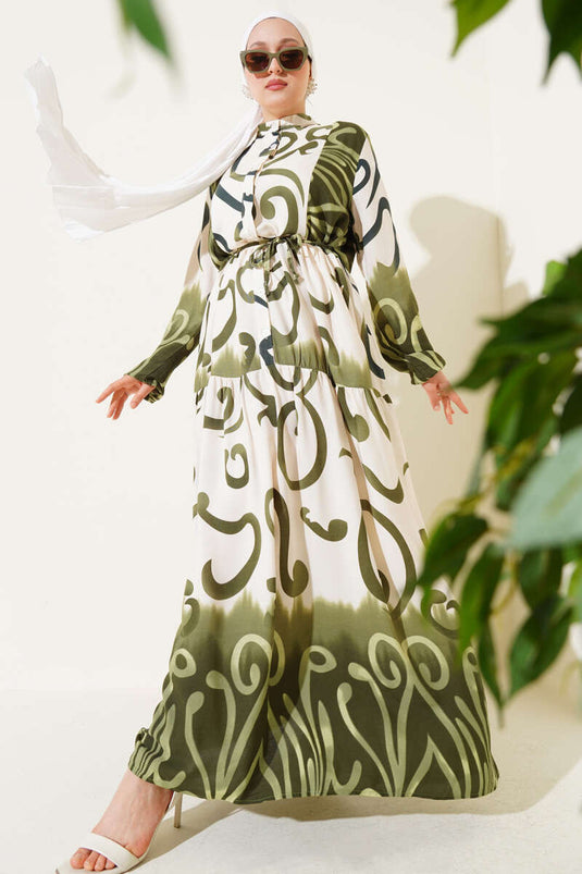 Buttoned Patterned Rope Belted Dress Khaki