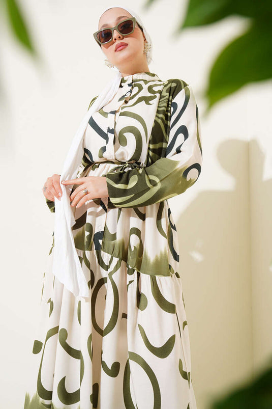 Buttoned Patterned Rope Belted Dress Khaki