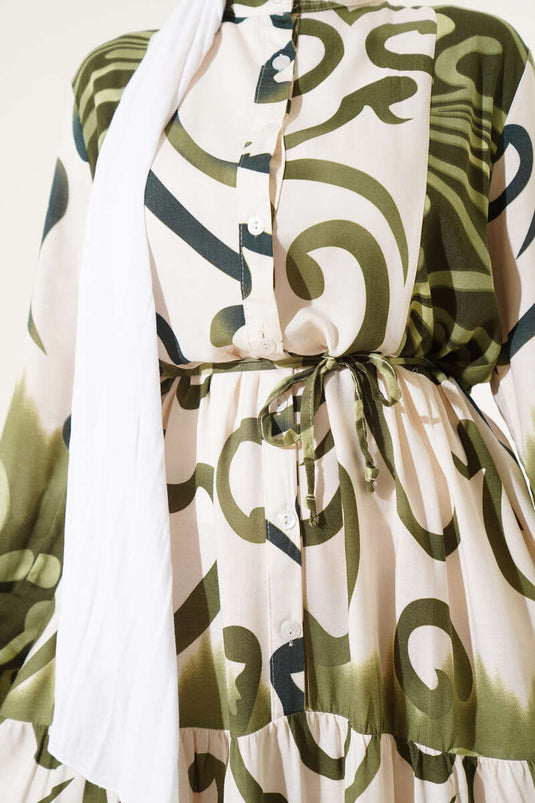Buttoned Patterned Rope Belted Dress Khaki