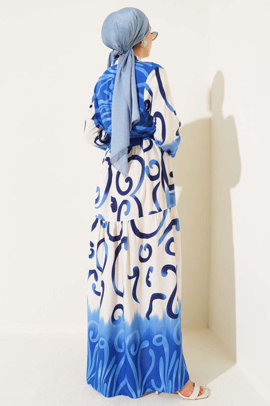 فستان منقوش بأزرار وحزام من الحبل باللون النيلي