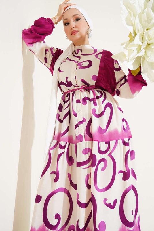 Buttoned Patterned Rope Belted Dress Purple