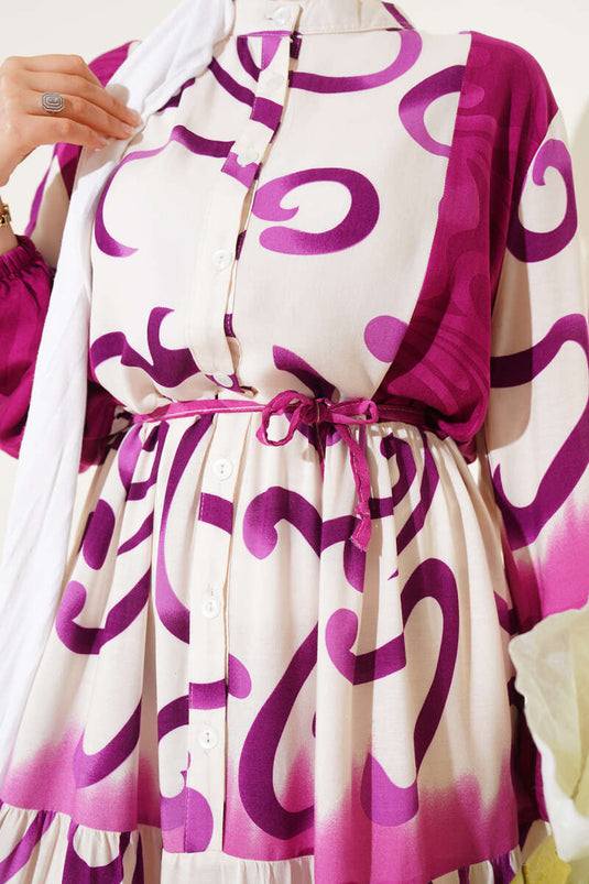 Buttoned Patterned Rope Belted Dress Purple