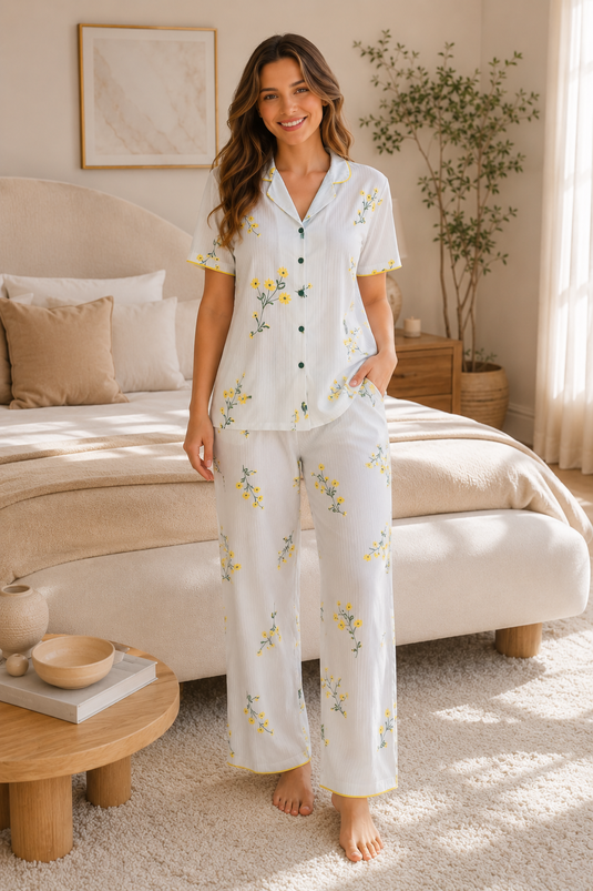 Düğmeli Desenli Pijama Takımı Krem