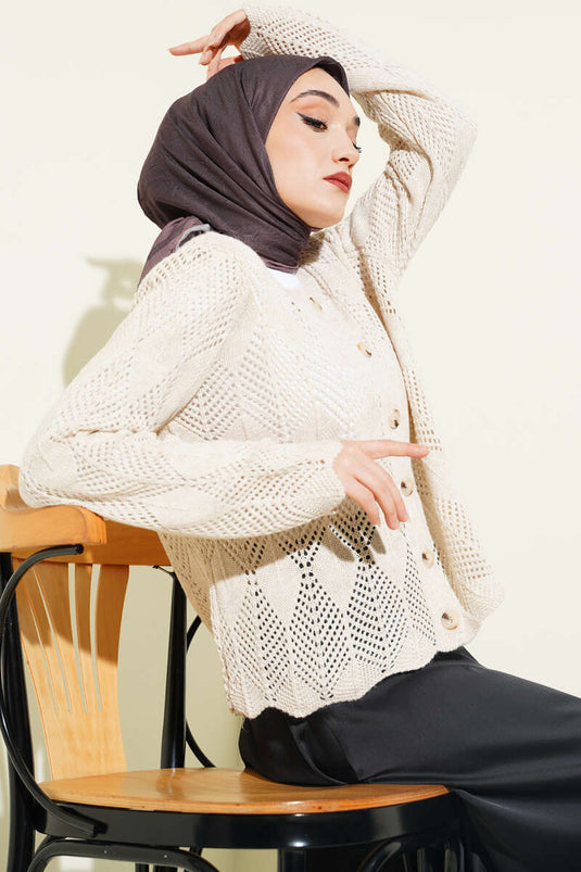 Buttoned Patterned Knit Short Openwork Cardigan Stone
