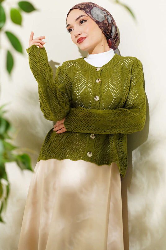 Buttoned Patterned Knit Short Openwork Cardigan Green