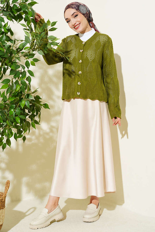 Buttoned Patterned Knit Short Openwork Cardigan Green