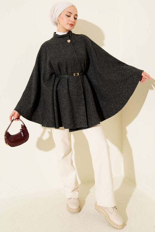 Buttoned Stand-Up Collar Belted Cashmere Poncho Anthracite