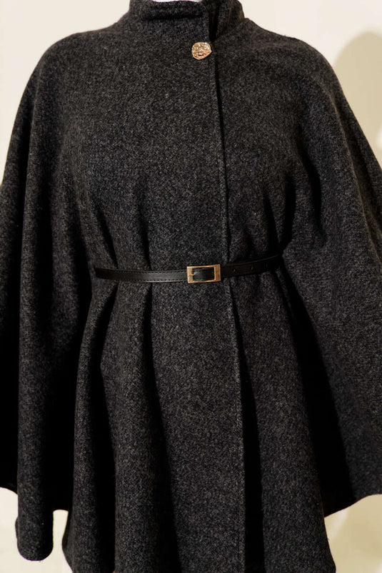 Buttoned Stand-Up Collar Belted Cashmere Poncho Anthracite