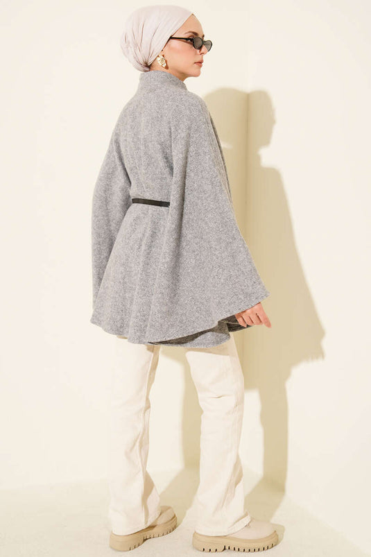 Buttoned Stand-Up Collar Belted Cashmere Poncho Grey
