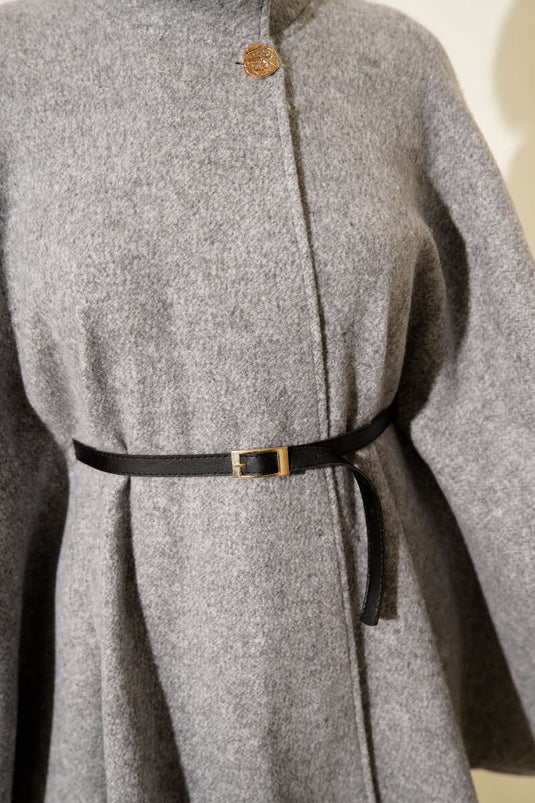 Buttoned Stand-Up Collar Belted Cashmere Poncho Grey