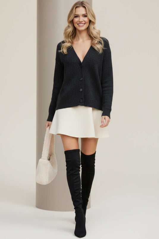 Buttoned, Dropped Shoulder, Fluffy Knit Cardigan, Smoke Grey