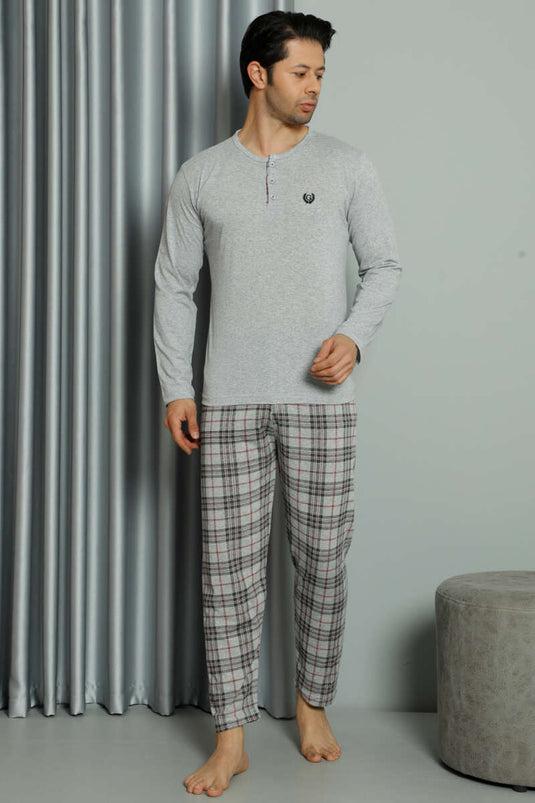 Ensemble pyjama homme à carreaux gris à manches longues et boutons