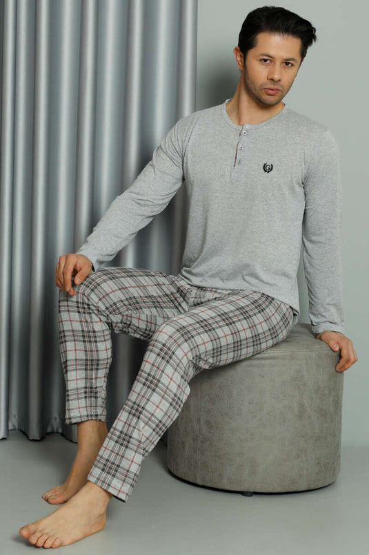 Ensemble pyjama homme à carreaux gris à manches longues et boutons