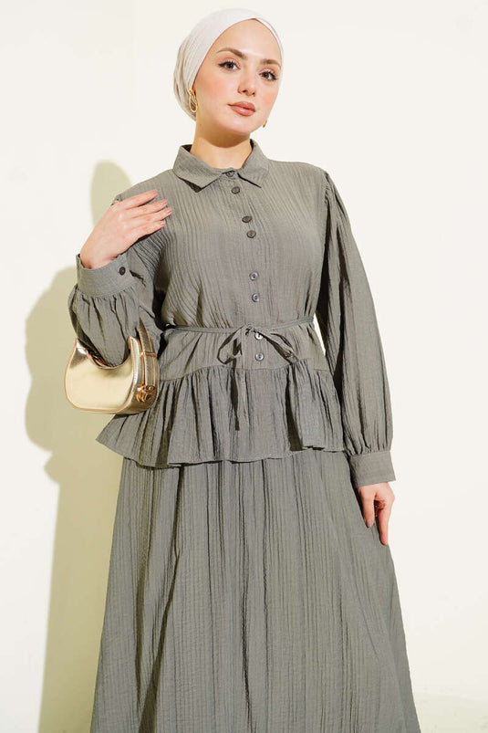 Buttoned Ruffled Skirt Two-Piece Set Khaki