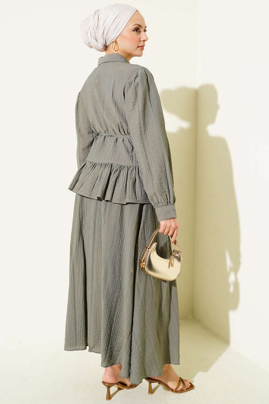 Buttoned Ruffled Skirt Two-Piece Set Khaki