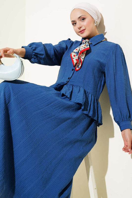 Düğmeli Fırfırlı Etekli İkili Takım İndigo