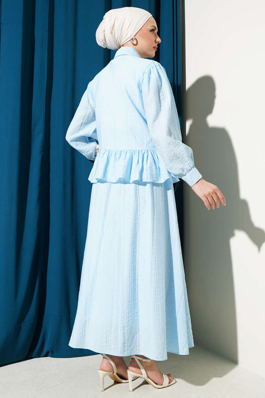 Buttoned Ruffle Skirt Two Piece Suit Blue