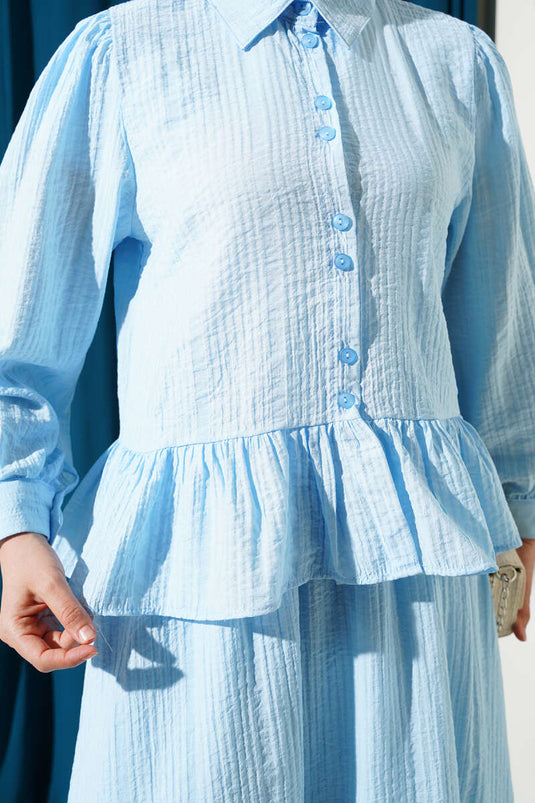 Buttoned Ruffle Skirt Two Piece Suit Blue