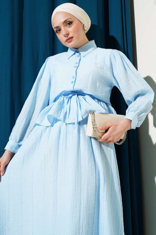 Buttoned Ruffle Skirt Two Piece Suit Blue