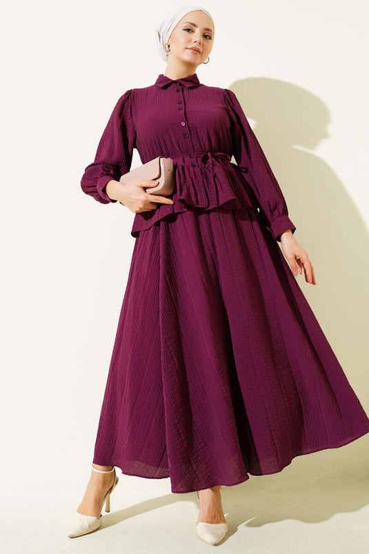 Düğmeli Fırfırlı Etekli İkili Takım Mürdüm