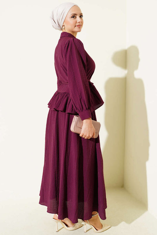 Düğmeli Fırfırlı Etekli İkili Takım Mürdüm