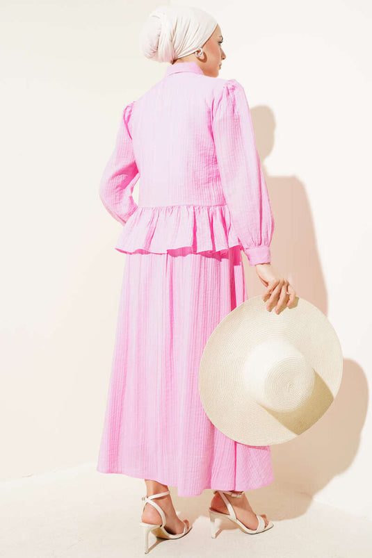 Buttoned Ruffled Skirt Two-Piece Set Pink
