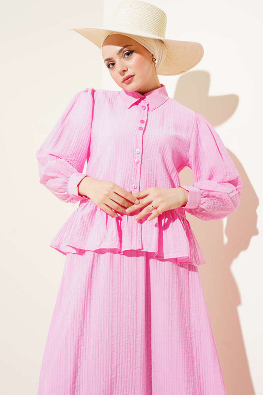 Buttoned Ruffled Skirt Two-Piece Set Pink