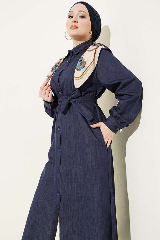 Tunica lunga con foulard e bottoni indaco