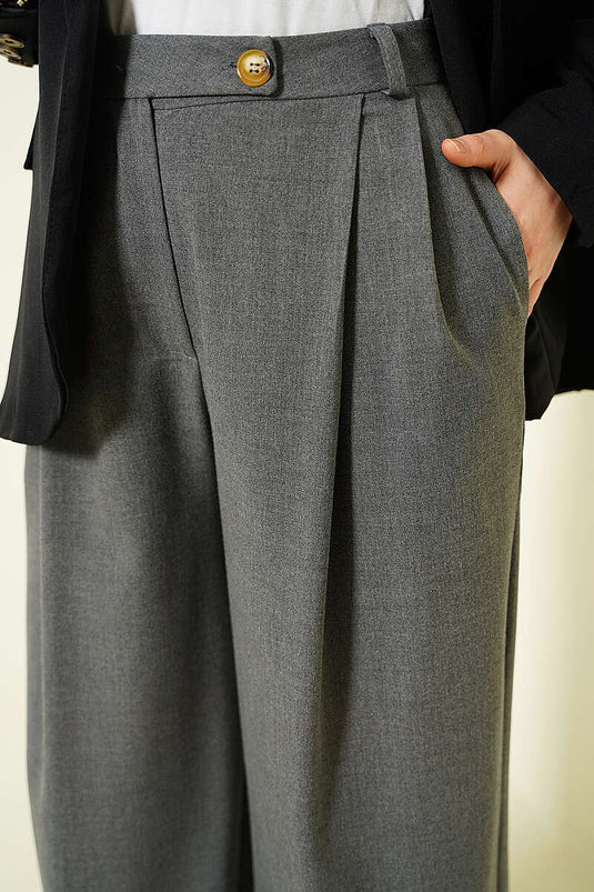 Pantaloni in tessuto con bottoni e gamba larga, colore fumo