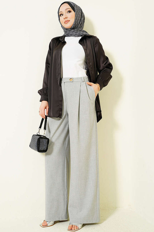 Pantalon en tissu à jambes larges avec boutons gris
