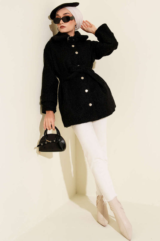 Chaqueta de fieltro con cuello camisero abotonado, color negro