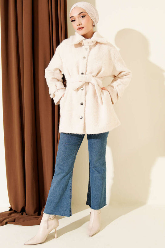 Chaqueta de fieltro con cuello camisero abotonado color piedra