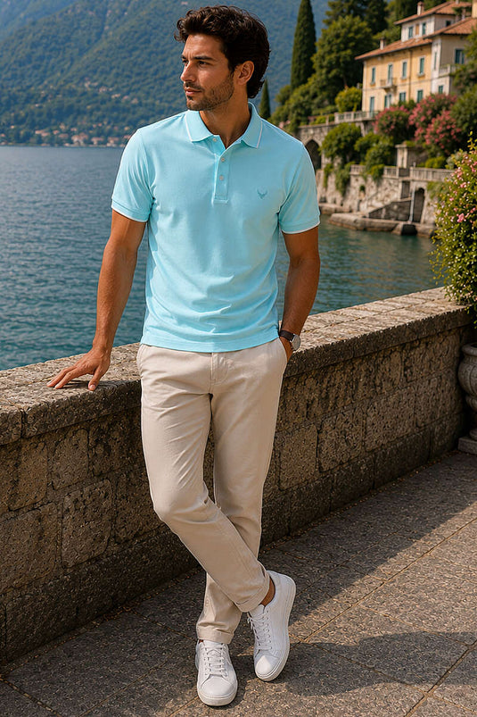 Düğmeli Gömlek Yaka Şeritli Erkek T-shirt Aqua