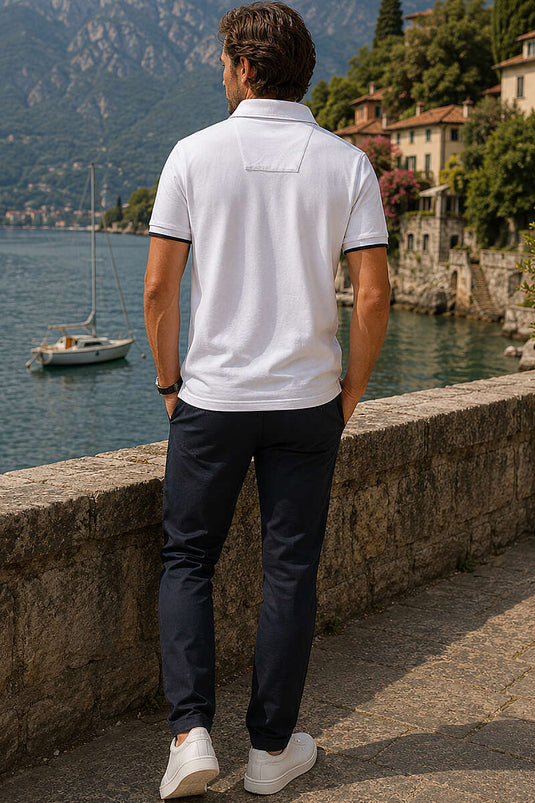 Düğmeli Gömlek Yaka Şeritli Erkek T-shirt Beyaz