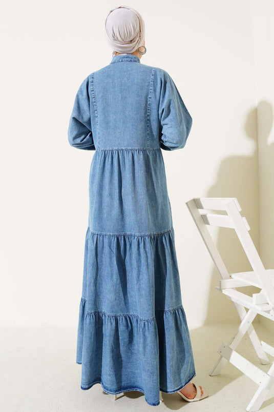 Düğmeli Hakim Yaka Kat Kot Elbise Kot Mavisi