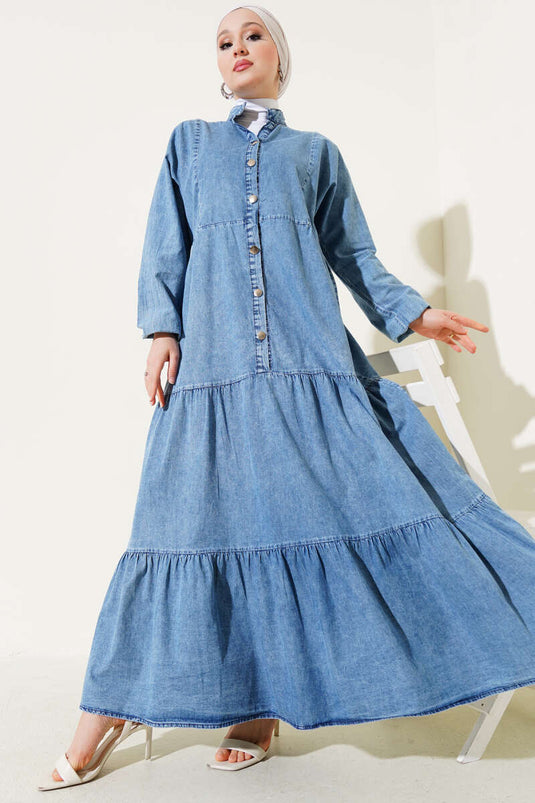 Buttoned Mandarin Collar Layered Denim Dress Denim Blue