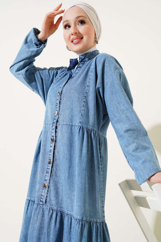 Düğmeli Hakim Yaka Kat Kot Elbise Kot Mavisi