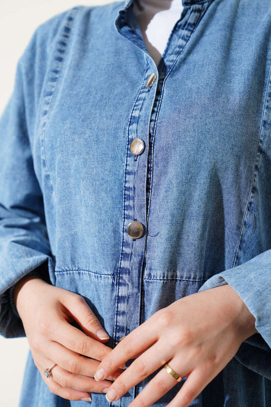 Buttoned Mandarin Collar Layered Denim Dress Denim Blue