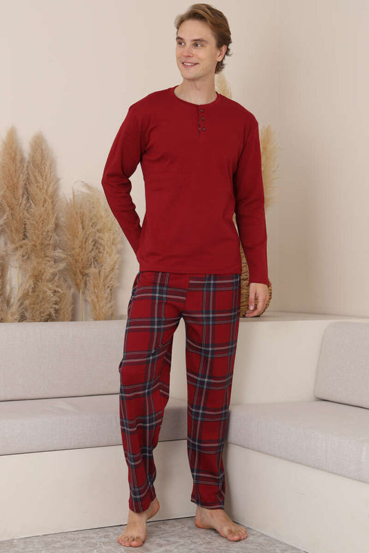 Pyjamapak voor heren met knopen, interlock, bordeauxrood