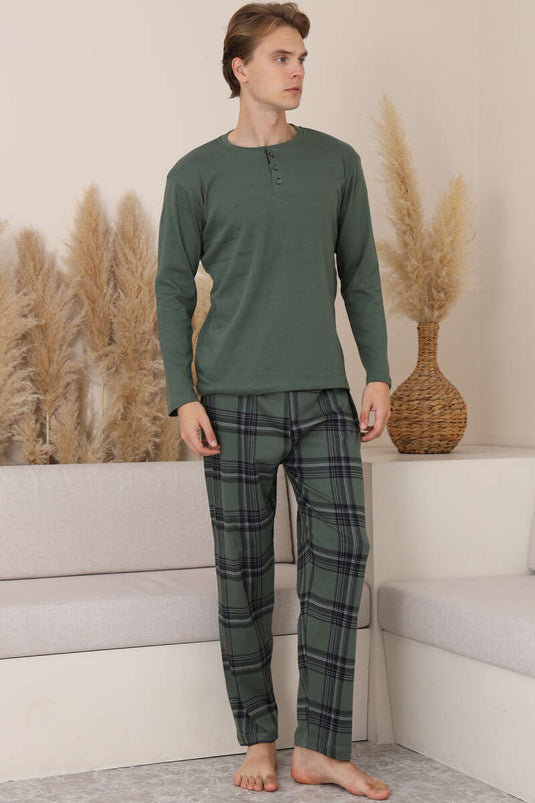 Pyjamapak voor heren met knopen, interlock, kaki