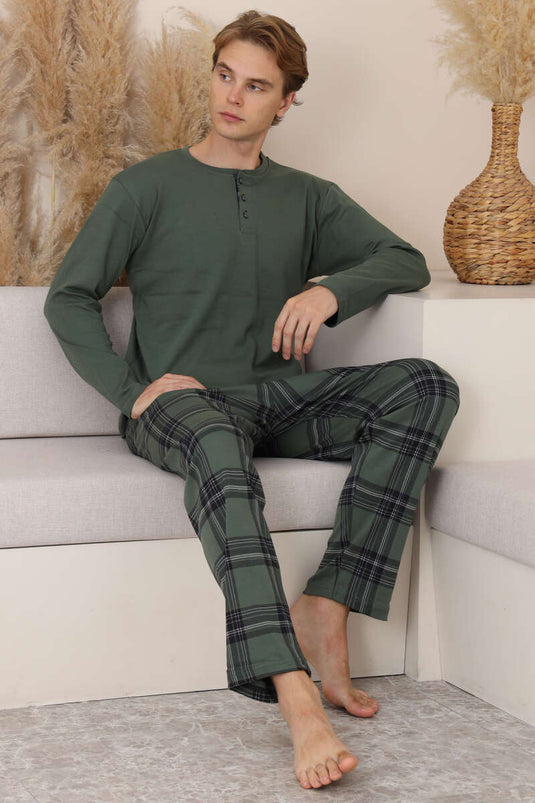 Pyjamapak voor heren met knopen, interlock, kaki