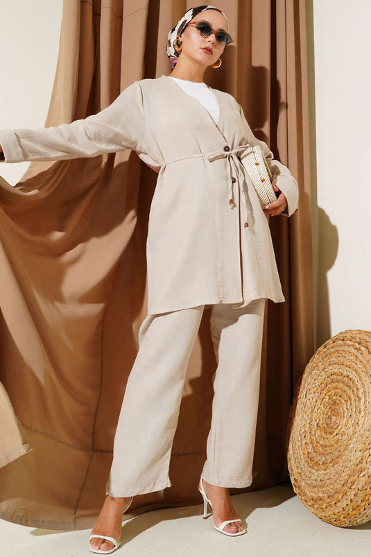 Muslin Two-Piece Linen Set with Buttoned Rope Belt