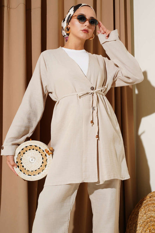 Muslin Two-Piece Linen Set with Buttoned Rope Belt