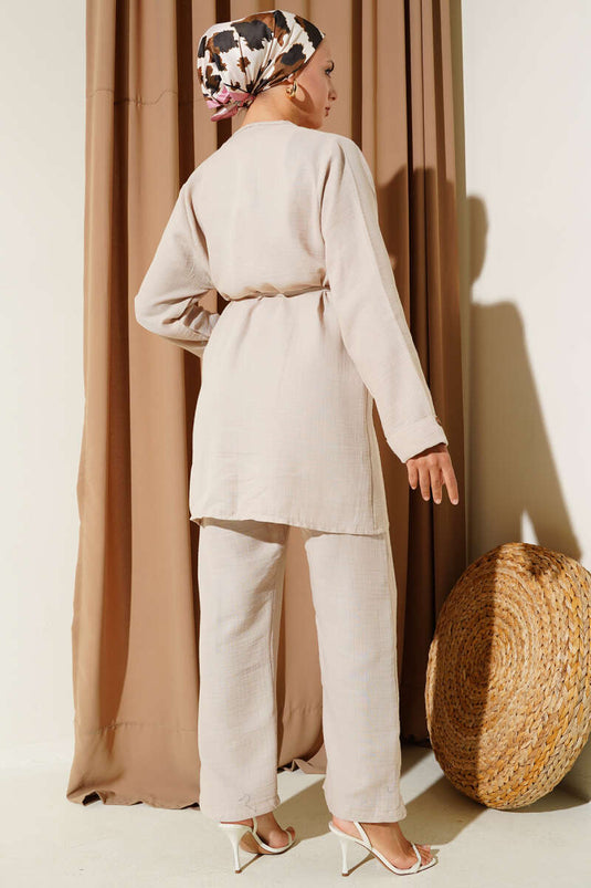 Muslin Two-Piece Linen Set with Buttoned Rope Belt