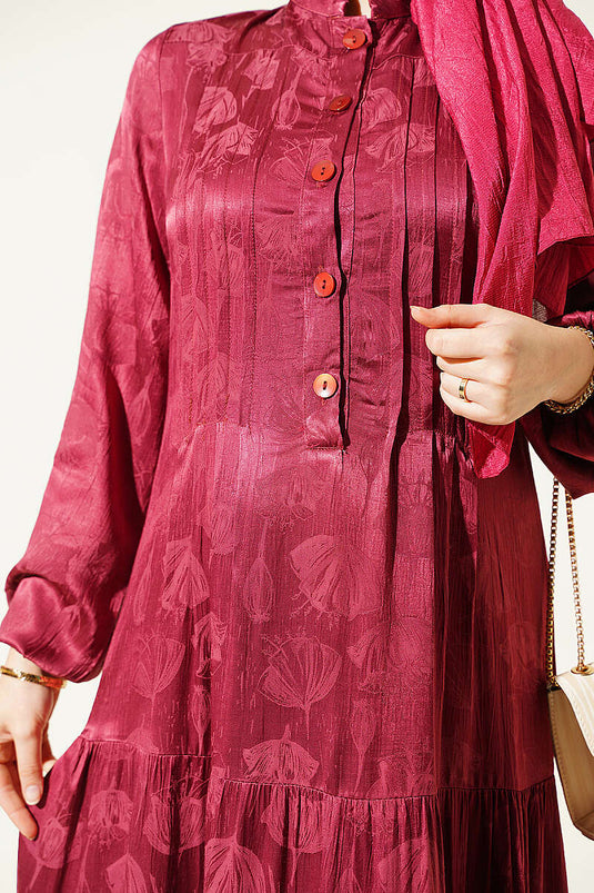 Robe En Soie Satinée Boutonnée Bordeaux