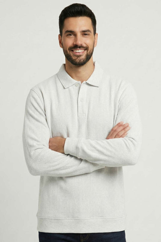 Sweat-shirt pour homme en jacquard à boutons, doublé en molleton, couleur écru