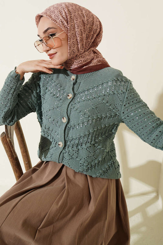 Buttoned Embossed Detail Short Openwork Cardigan in Pistachio Green