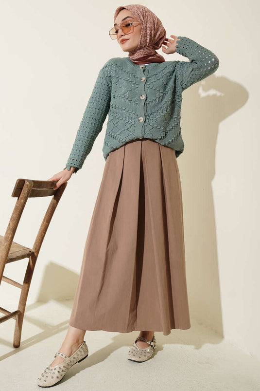 Buttoned Embossed Detail Short Openwork Cardigan in Pistachio Green