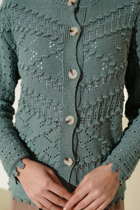 Buttoned Embossed Detail Short Openwork Cardigan in Pistachio Green